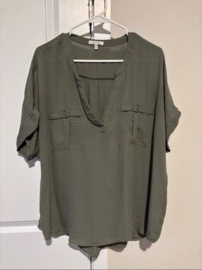 Maurices Flowy V-Neck Pocket Blouse - Olive